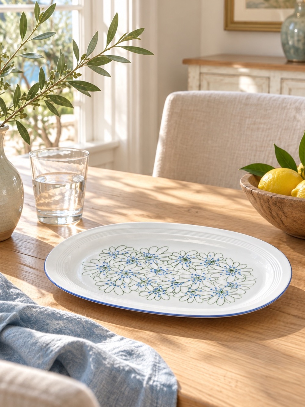 Vintage Blue Green Floral Serving Platter Cottage Country Melitta Germany. MCM